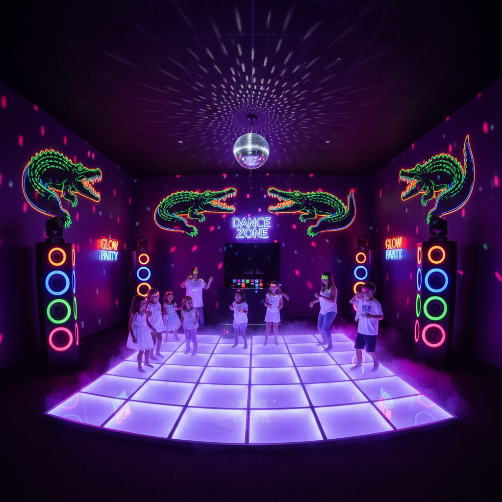 Black Light Music House — dance room with speakers and neon lights